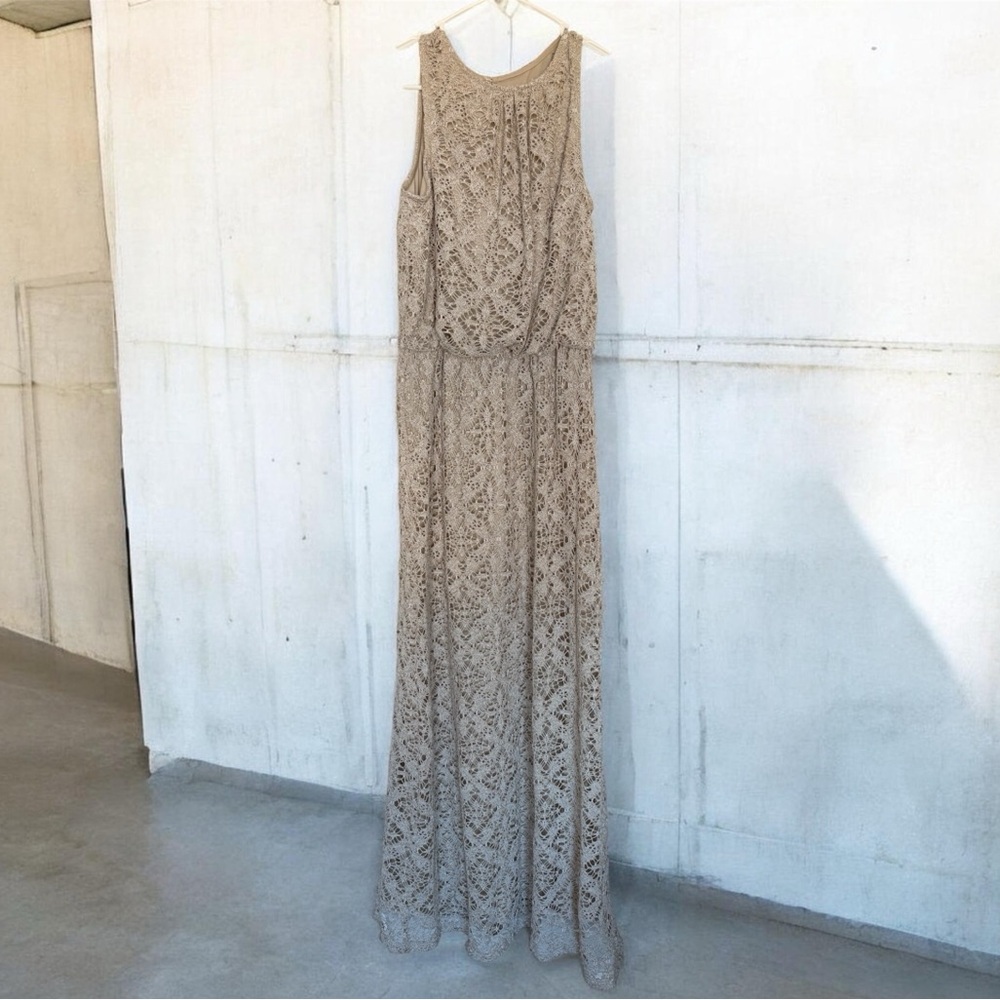 London Times Beige Lined Lace Maxi Dress Formal Womens Sz 10